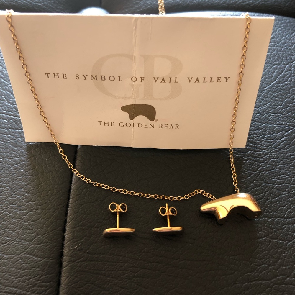 Vail Valley Golden Bear 14K gold necklace and earring set